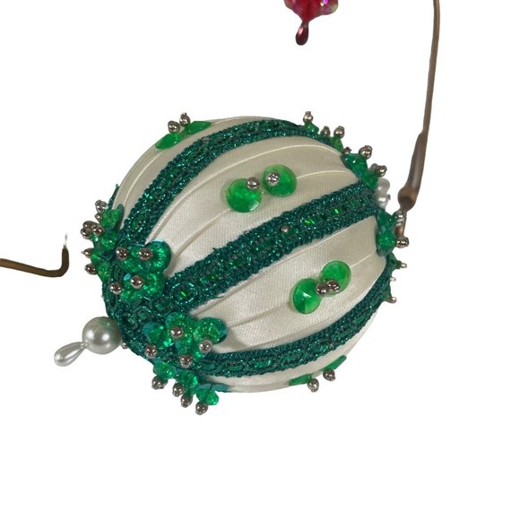 Vintage Beaded and Satin Wrapped Handmade Ornaments Set of 5 - Picture 2 of 6